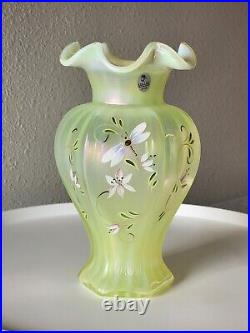 FENTON Lily Trail TOPAZ IRIDESCENT Art Glass VASE 9 Signed P Thornley GLOWS