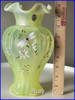 FENTON Lily Trail TOPAZ IRIDESCENT Art Glass VASE 9 Signed P Thornley GLOWS