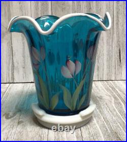 FENTON TEAL VASE AND BASE 2003 COLLECTOR'S ED. HEIRLOOM OPTIC SIGNED M. Kibbe