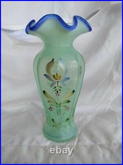 FENTON VASE, SIGNED Hand painted Willow Green with Cobalt Blue Crest, 8 x 4