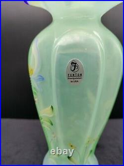 FENTON VASE, SIGNED Hand painted Willow Green with Cobalt Blue Crest, 8 x 4