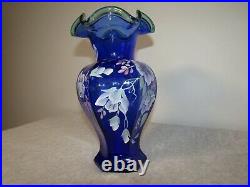 Fenton 75th Anniversary Cobalt Blue Vase with Green Crest, signed Bill Fenton