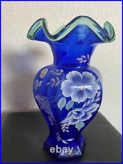 Fenton 75th anniversary Celebration Vase Hand Painted & signed Bill Fenton Blue