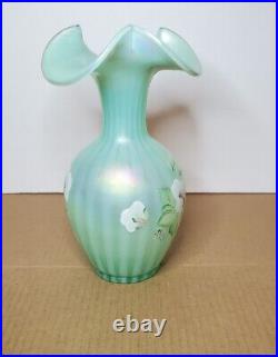 Fenton 95th Anniversary Green Iridescent Hand Painted Flowers Glass Signed Vase