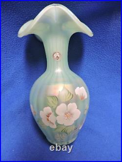 Fenton 95th anniversary Green Iridescent Hand Painted glass Vase Signed