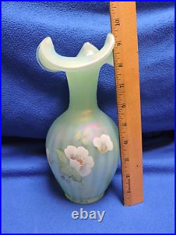 Fenton 95th anniversary Green Iridescent Hand Painted glass Vase Signed