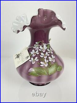 Fenton Art Glass Hand Painted Flowers on Purple Signed Ruffled 7 1/4 Vase