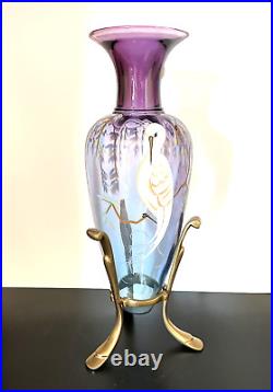 Fenton Art Glass Mulberry Blue Mystical Bird Amphora Vase 14.5 inches Signed