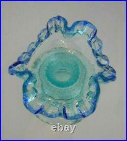 Fenton Art Glass Vase 1999 Qvc Aquamarine Rib Optic Cobalt Edge HP Floral