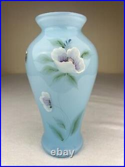 Fenton Art Glass Vase Blue Topaz Overlay 2002 Hand Painted Poppies Signed 9 3/4