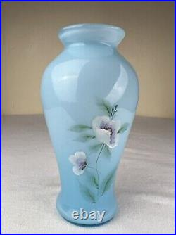 Fenton Art Glass Vase Blue Topaz Overlay 2002 Hand Painted Poppies Signed 9 3/4