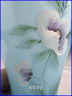 Fenton Art Glass Vase Blue Topaz Overlay 2002 Hand Painted Poppies Signed 9 3/4