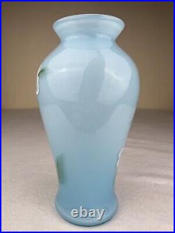 Fenton Art Glass Vase Blue Topaz Overlay 2002 Hand Painted Poppies Signed 9 3/4