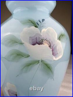 Fenton Art Glass Vase Blue Topaz Overlay 2002 Hand Painted Poppies Signed 9 3/4