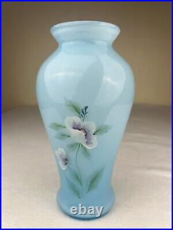 Fenton Art Glass Vase Blue Topaz Overlay 2002 Hand Painted Poppies Signed 9 3/4