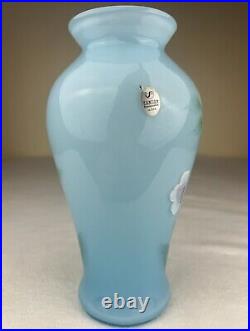 Fenton Art Glass Vase Blue Topaz Overlay 2002 Hand Painted Poppies Signed 9 3/4