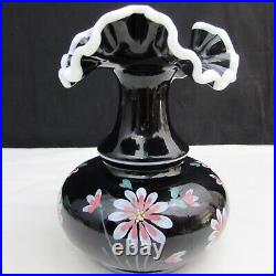 Fenton Black Ebony Snow Crest Floral Hand Painted Vase Special Order 2002 C51