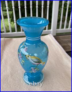Fenton Blue Glass Vase Hand Painted Bird Flowers Artist Signed Sue Jackson