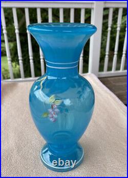 Fenton Blue Glass Vase Hand Painted Bird Flowers Artist Signed Sue Jackson