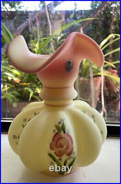 Fenton Burmese 8 Hand Painted Roses Melon Vase Signed Linda Everson Don Fenton