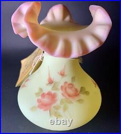 Fenton Burmese Glass Artist Signed Hand Painted With Fluted Top Rim Vase