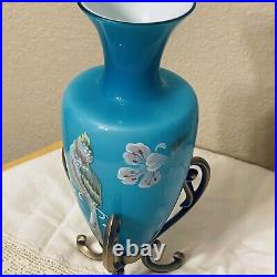 Fenton Cased Blue Glass Vase On Stand Landmark Collection 2005 Signed #6756/8800