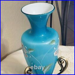 Fenton Cased Blue Glass Vase On Stand Landmark Collection 2005 Signed #6756/8800