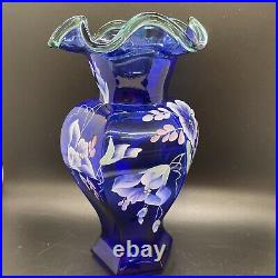 Fenton Cobalt Blue 75th Anniversary Celebration Vase Handpainted And Signed