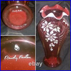 Fenton Cranberry Floral Glass Vase Limited Edition Signed Randy Fenton 11