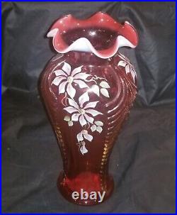 Fenton Cranberry Floral Glass Vase Limited Edition Signed Randy Fenton 11