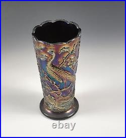 Fenton Dark Amethyst 8 Carnival Glass Peacock Vase Signed & Label Great Color