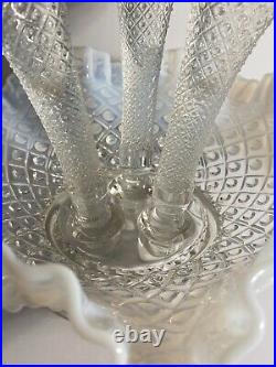 Fenton French White Opalescent Moonstone Hobnail Glass 3 Horn Epergne Vintage