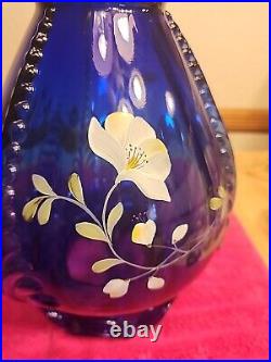 Fenton Glass Cobalt Blue Feathered Belly Vase Signed Shelly Fenton Hand Painted