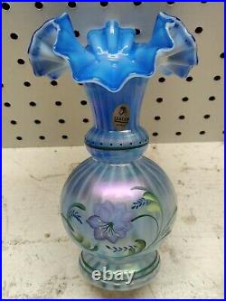 Fenton Glass Messenger Exclusive Hand Painted Blue Vase Don Fenton Hand Etched