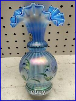 Fenton Glass Messenger Exclusive Hand Painted Blue Vase Don Fenton Hand Etched