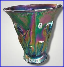 Fenton Glass Purple Amethyst Carnival 3D Embossed Tulip Vase