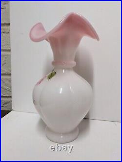 Fenton Glossy Rosalene Floral Hand Painted Vase Signed Special Order 2011