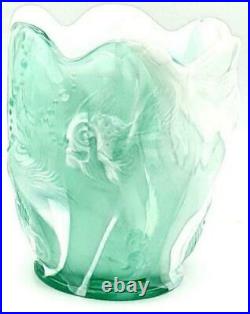 Fenton Green Marbled Slag Glass Atlantis Koi Fish Vase Signed Shelley Fenton