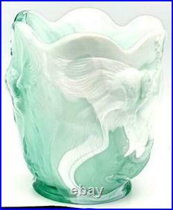 Fenton Green Marbled Slag Glass Atlantis Koi Fish Vase Signed Shelley Fenton