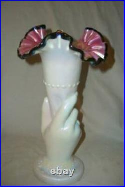 Fenton Hand Holding Vase Iridescent Milk Glass Pink Ruffle Black Crest Marked