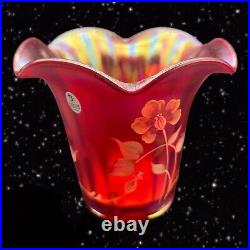 Fenton Hand Painted Iridescent Floral Stretch Glass Vase Multicolor Glass Signed