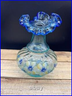 Fenton Hand Painted Signed Art Glass Vase Aquamarine Rib Optic Cobalt Edge