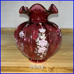 Fenton Handpainted Cranberry Glass Vase Signed Wild Roses 2002 Ruffled Top