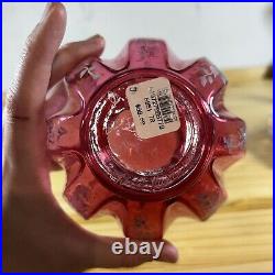 Fenton Handpainted Cranberry Glass Vase Signed Wild Roses 2002 Ruffled Top