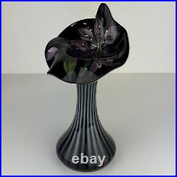 Fenton Jack in the Pulpit Amethyst Purple Glass Optic Vase Hand Painted Orchid