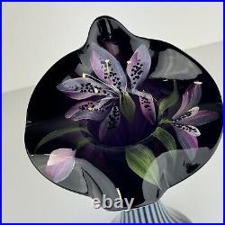 Fenton Jack in the Pulpit Amethyst Purple Glass Optic Vase Hand Painted Orchid