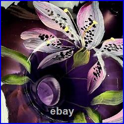 Fenton Jack in the Pulpit Amethyst Purple Glass Optic Vase Hand Painted Orchid