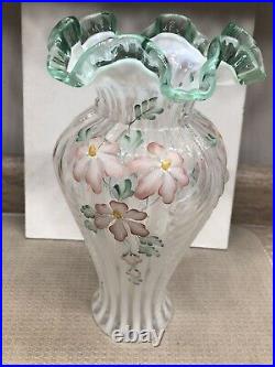Fenton Meadow Beauty 11 Feather Vase Hand Painted & Signed Green Opalescent