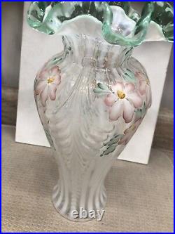 Fenton Meadow Beauty 11 Feather Vase Hand Painted & Signed Green Opalescent