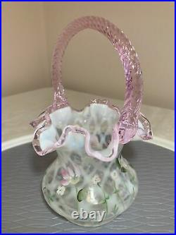 Fenton Opalescent Hand Painted Diamond Optic Trellis Floral Basket 8.5 SIGNED